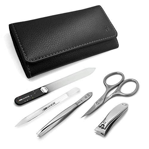 5 Piece Manicure Set in Black Leather Case: Nail Clipper, Combination Scissor, Slanted Tweezer, Glass Nail File and Cuticle Stick