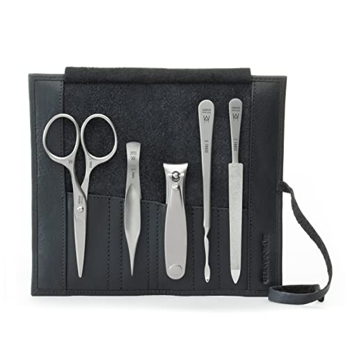 5 Piece Manicure Set: Mustache Scissors, Nail Clipper, Pointed Splinter Tweezer, Sapphire File, and Nail Cleaner