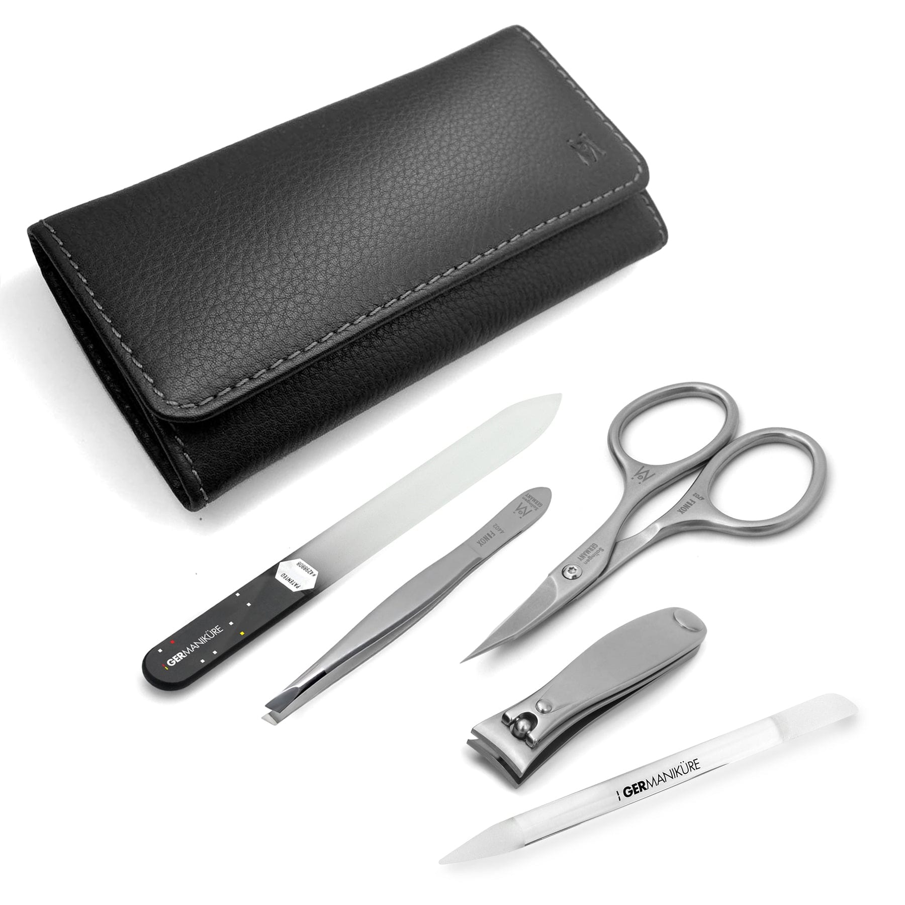 5 Piece Manicure Set in Black Leather Case: Nail Clipper, Combination Scissor, Slanted Tweezer, Glass Nail File and Cuticle Stick image #1