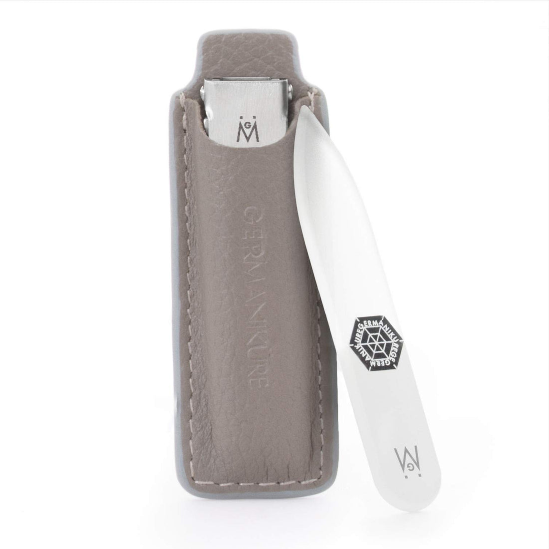 2 Piece Set: Flat Foldable Nail Clipper and Mini Glass Nail File in Leather Case