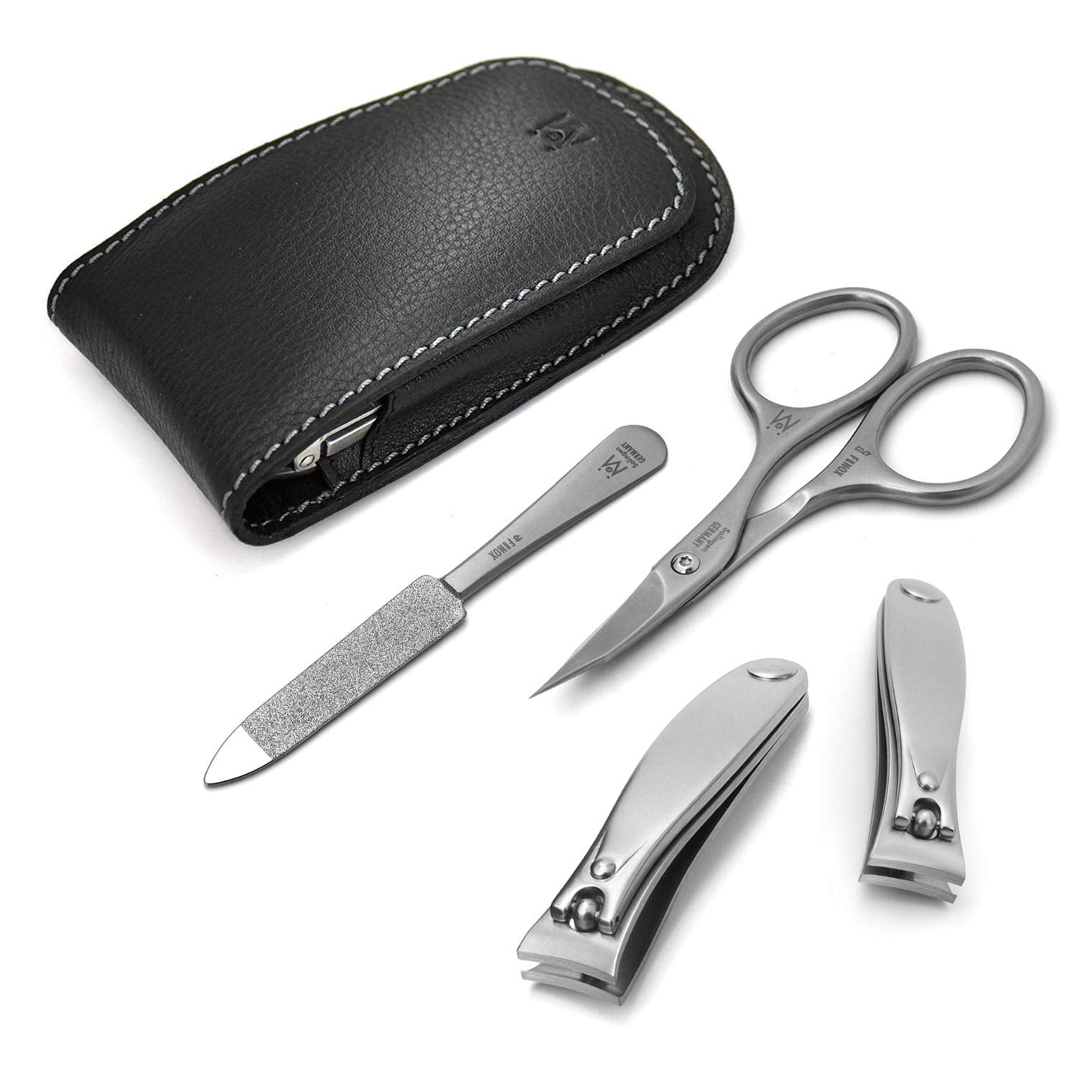 4 Piece Manicure Set in Black Leather Case: 2 Nail Clippers, Cuticle Scissor, and Sapphire Nail File