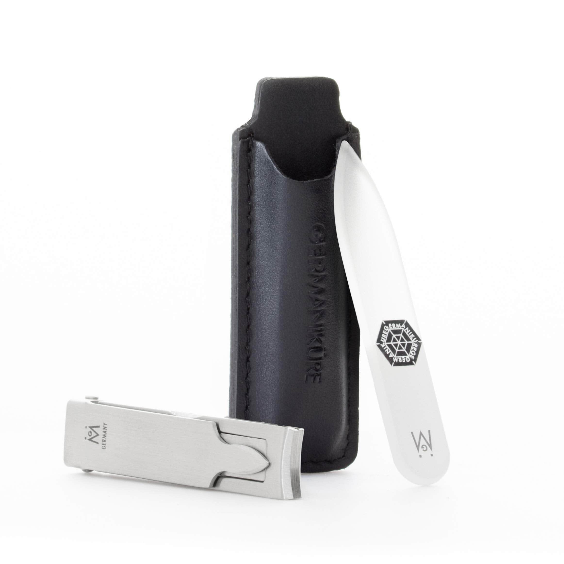 2 Piece Set: Flat Foldable Nail Clipper and Mini Glass Nail File in Leather Case image #2