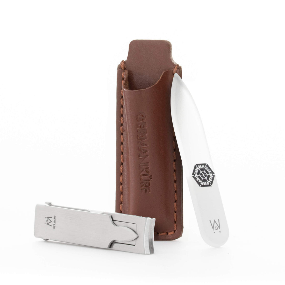 2 Piece Set: Flat Foldable Nail Clipper and Mini Glass Nail File in Leather Case