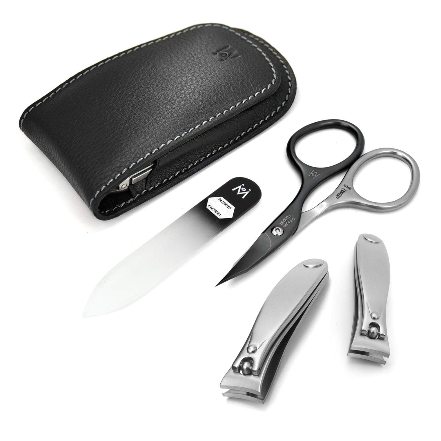 4 Piece Manicure Set in Black Leather Case: 2 Nail Clippers, Self Sharpening Combination Scissor, and Travel Glass Nail File