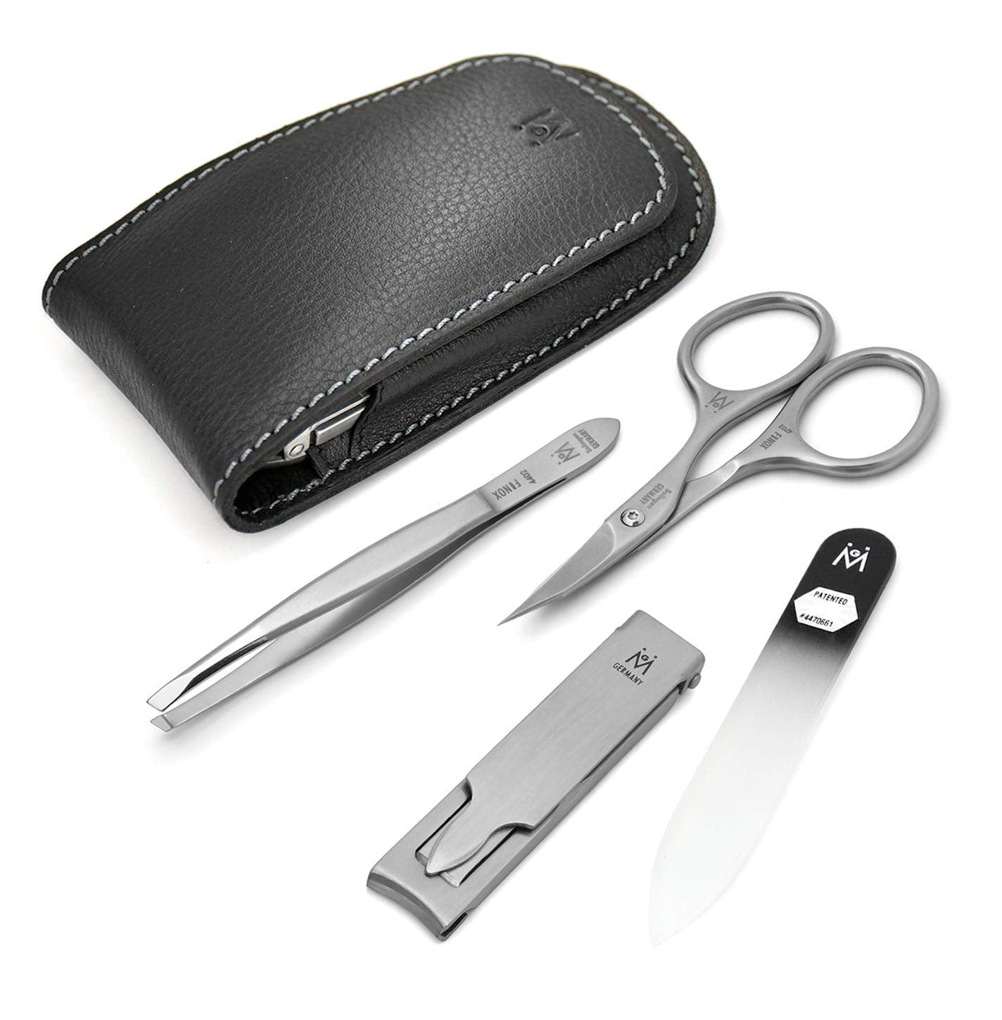 4 Piece Manicure Set in Black Leather Case: Folding Nail Clipper, Combination Scissor, Tweezer, and Travel Glass Nail File