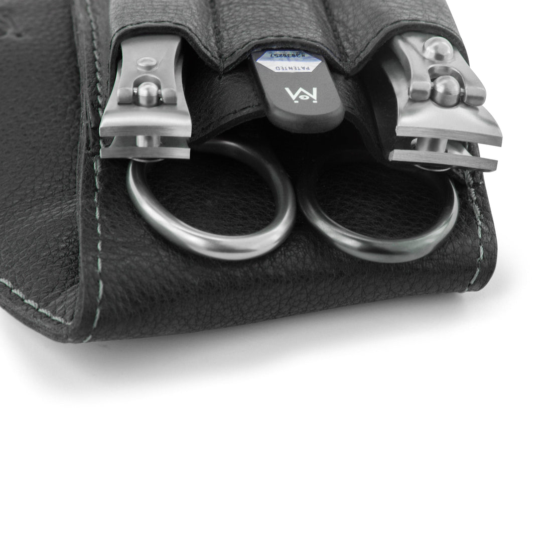 4 Piece Manicure Set in Black Leather Case: 2 Nail Clippers, Self Sharpening Combination Scissor, and Travel Glass Nail File image #2