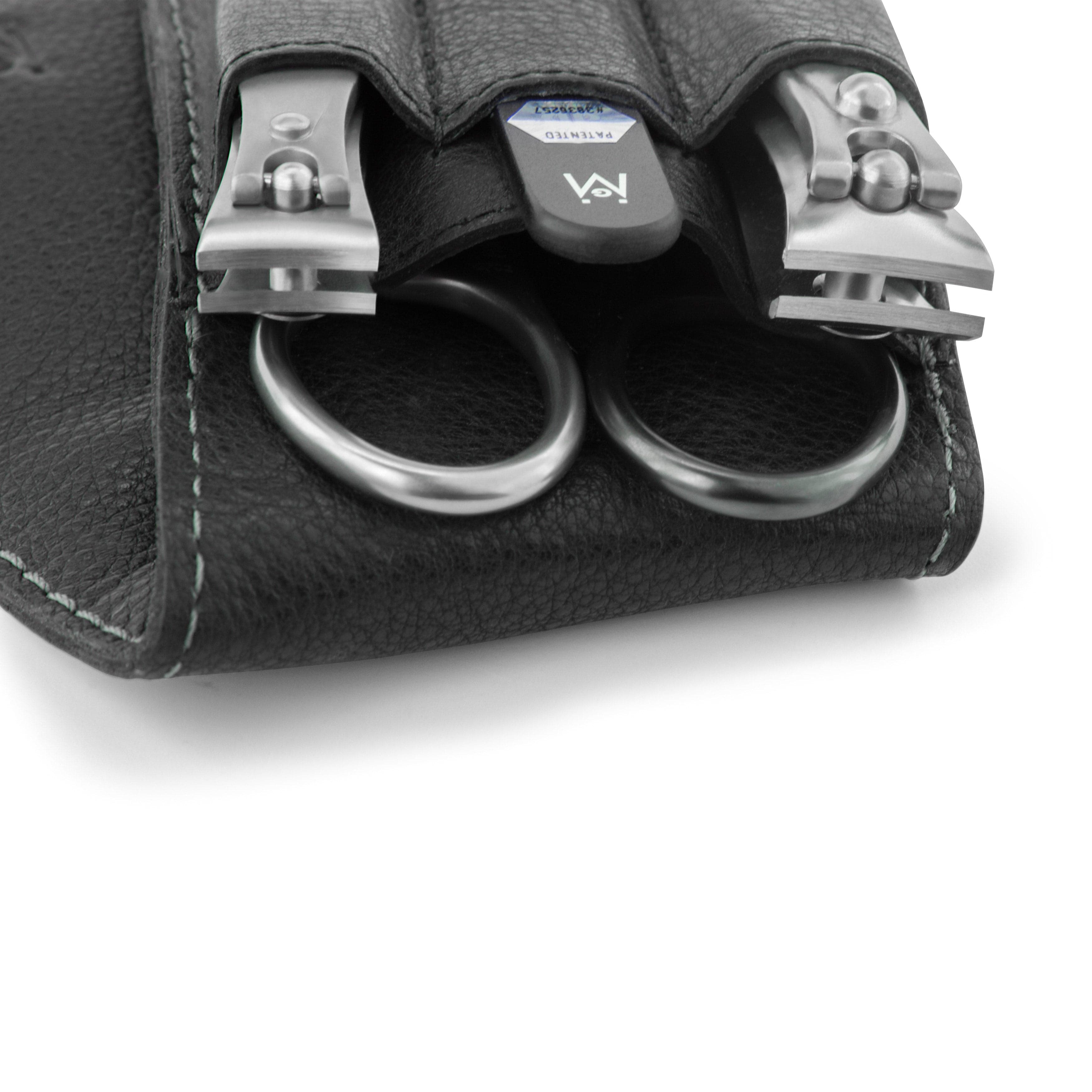 4 Piece Manicure Set in Black Leather Case: 2 Nail Clippers, Self Sharpening Combination Scissor, and Travel Glass Nail File image #2