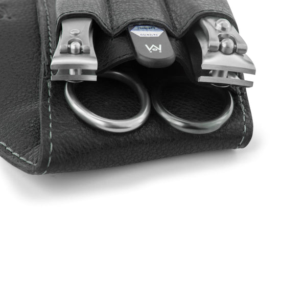4 Piece Manicure Set in Black Leather Case: 2 Nail Clippers, Self Sharpening Combination Scissor, and Travel Glass Nail File image #2