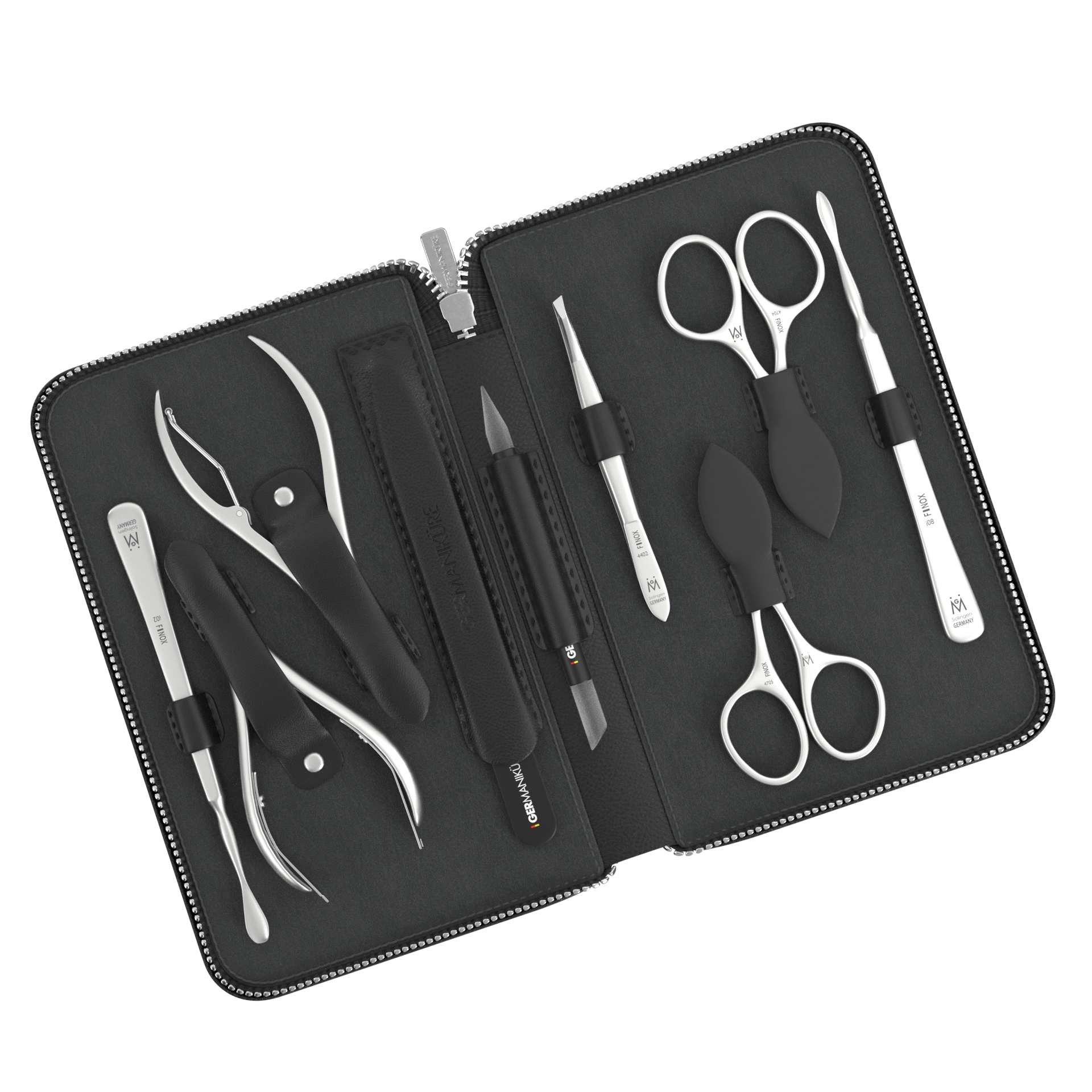 9 Piece Manicure Set in Zipper Case: 2 Scissor, 2 Nipper, Nail Cleaner, Cuticle Pusher, Glass File, Cuticle Stick, and Tweezer image #2