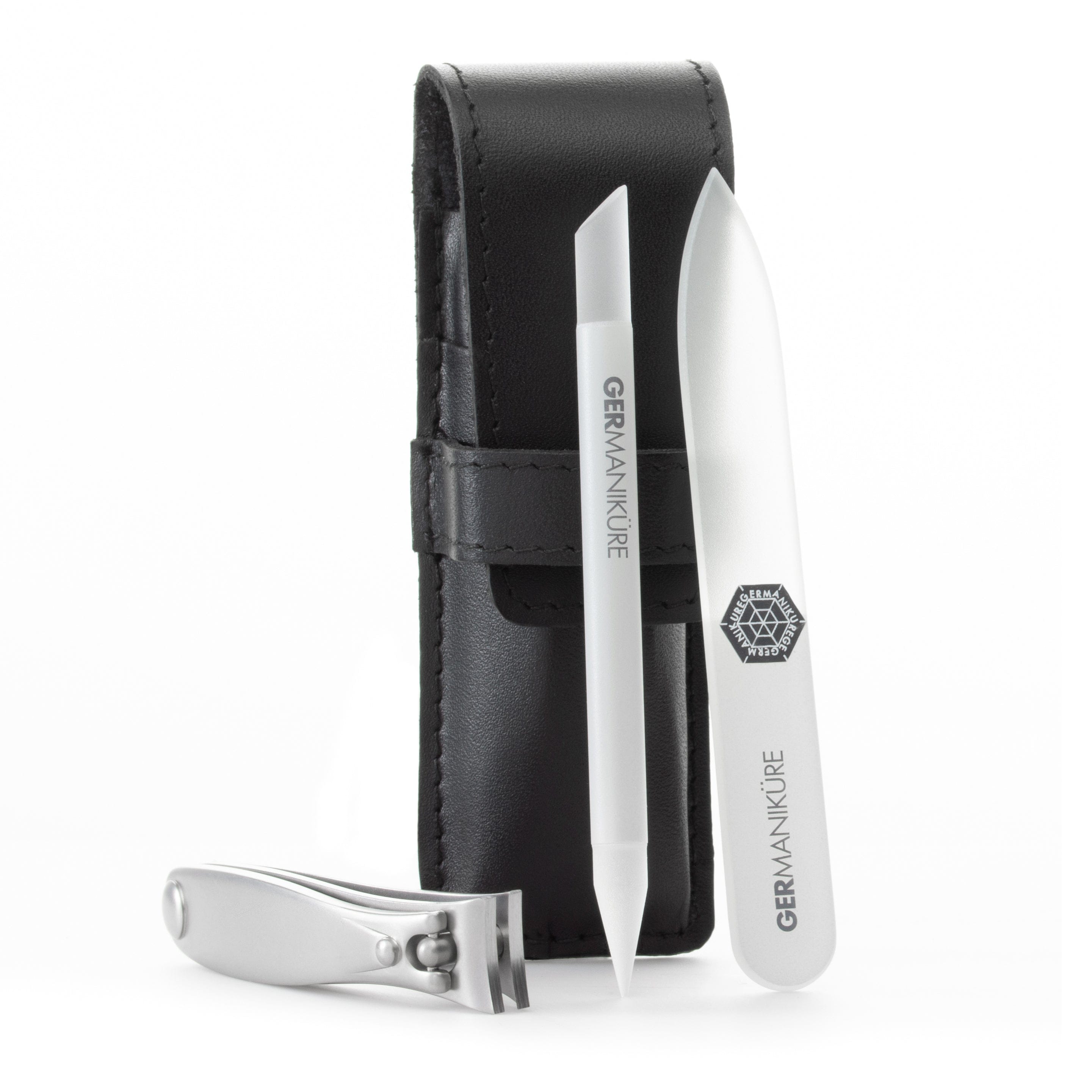 3 Piece Set: Nail Clipper, Travel Glass Nail File, and Cuticle Stick image #1