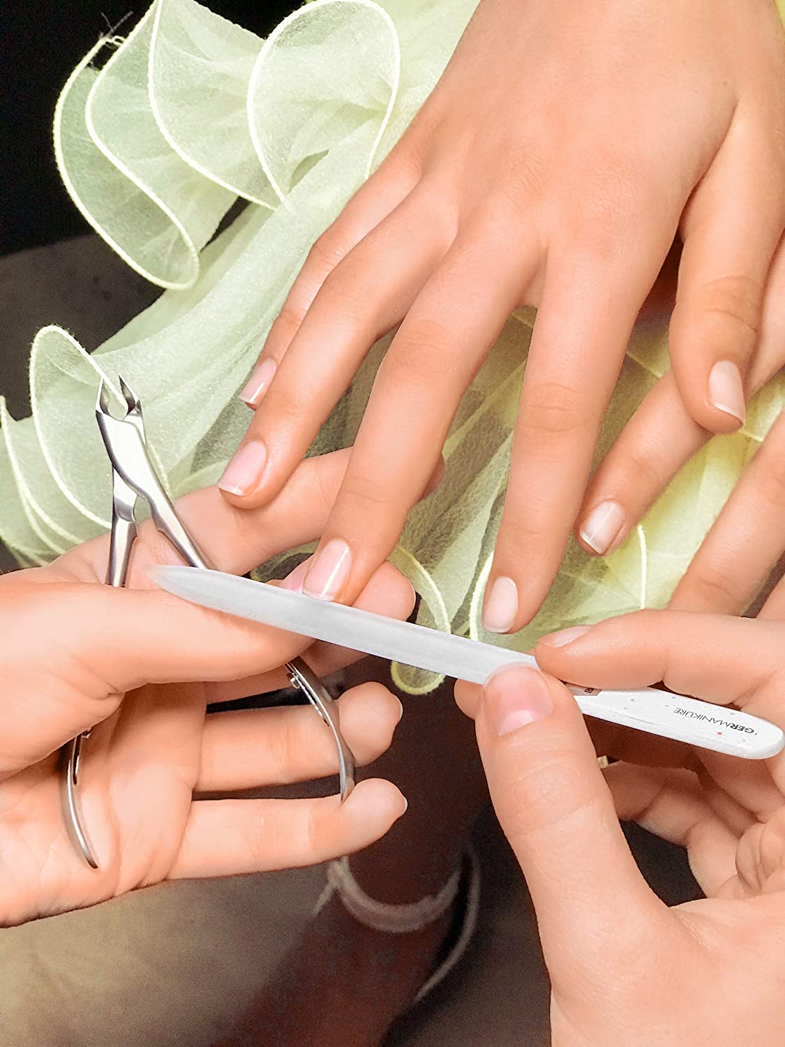 6pc Manicure Set Roll: Cuticle Nippers, Slanted Tweezers, Cuticle Pusher, Fingernail Clipper, Glass File and Stick image #6