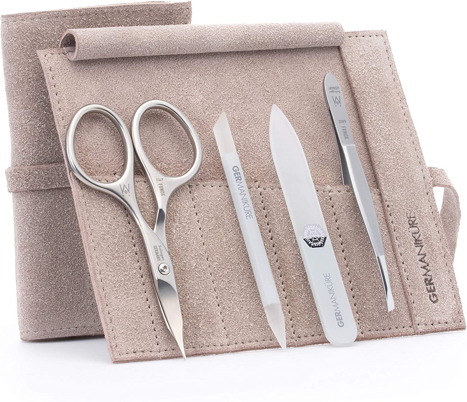 4pc Manicure Set Roll: Combination Scissors, Slanted Tweezer, Small Glass File, and Glass Stick image #1