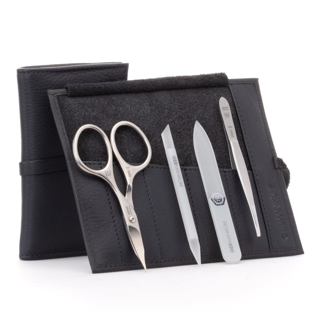 4pc Manicure Set Roll: Combination Scissors, Slanted Tweezer, Small Glass File, and Glass Stick