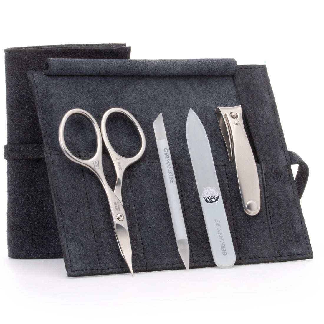 4 Piece Manicure Set: Nail Clipper, Combination Scissor, Glass Stick, and Small Glass Nail File