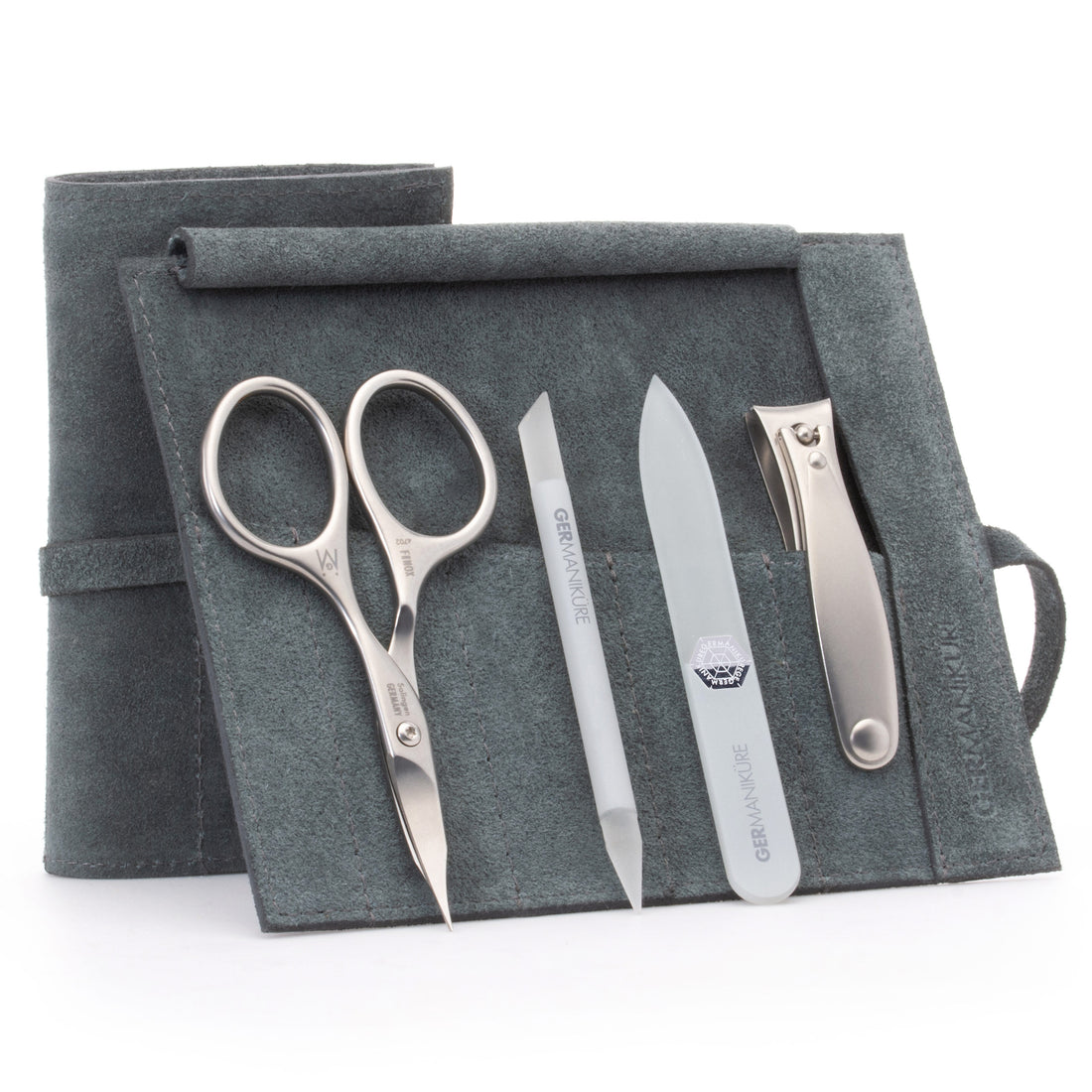 4 Piece Manicure Set: Nail Clipper, Combination Scissor, Glass Stick, and Small Glass Nail File