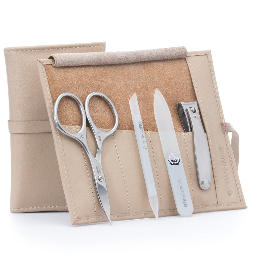 4 Piece Manicure Set: Nail Clipper, Combination Scissor, Glass Stick, and Small Glass Nail File