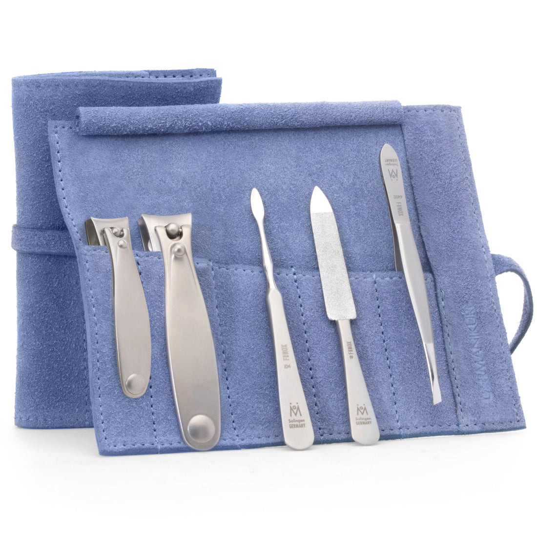 5pc Manicure & Pedicure Set Roll: Fingernail and Toenail Clipper, Sapphire File, Nail Cleaner, and Slanted Tweezer