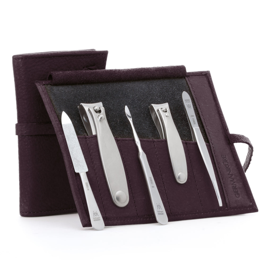 5pc Manicure & Pedicure Set Roll: Fingernail and Toenail Clipper, Sapphire File, Nail Cleaner, and Slanted Tweezer