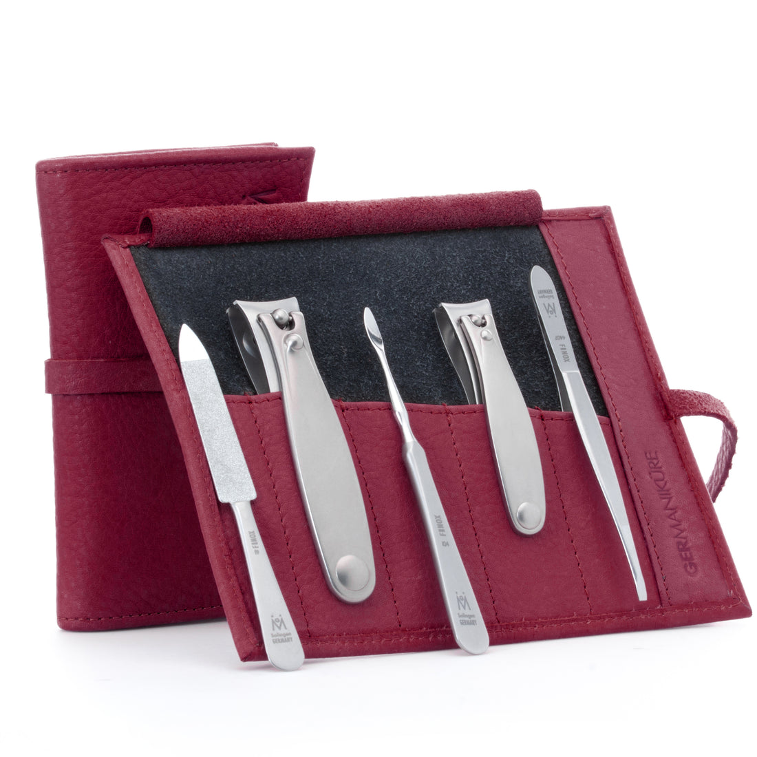 5pc Manicure & Pedicure Set Roll: Fingernail and Toenail Clipper, Sapphire File, Nail Cleaner, and Slanted Tweezer