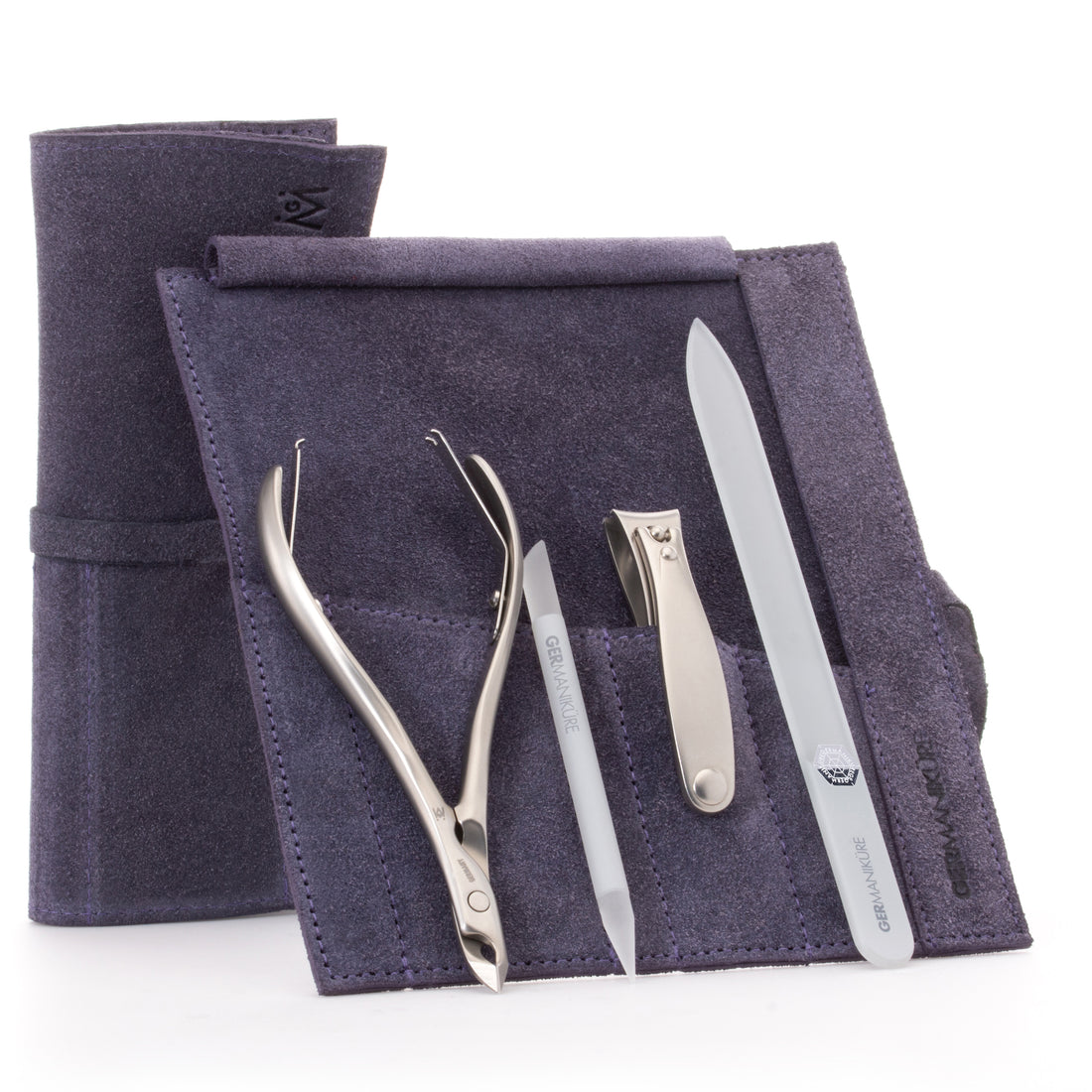 4pc Manicure Set Roll: Fingernail Clipper, Cuticle Nipper, Glass Nail File, and Glass Stick