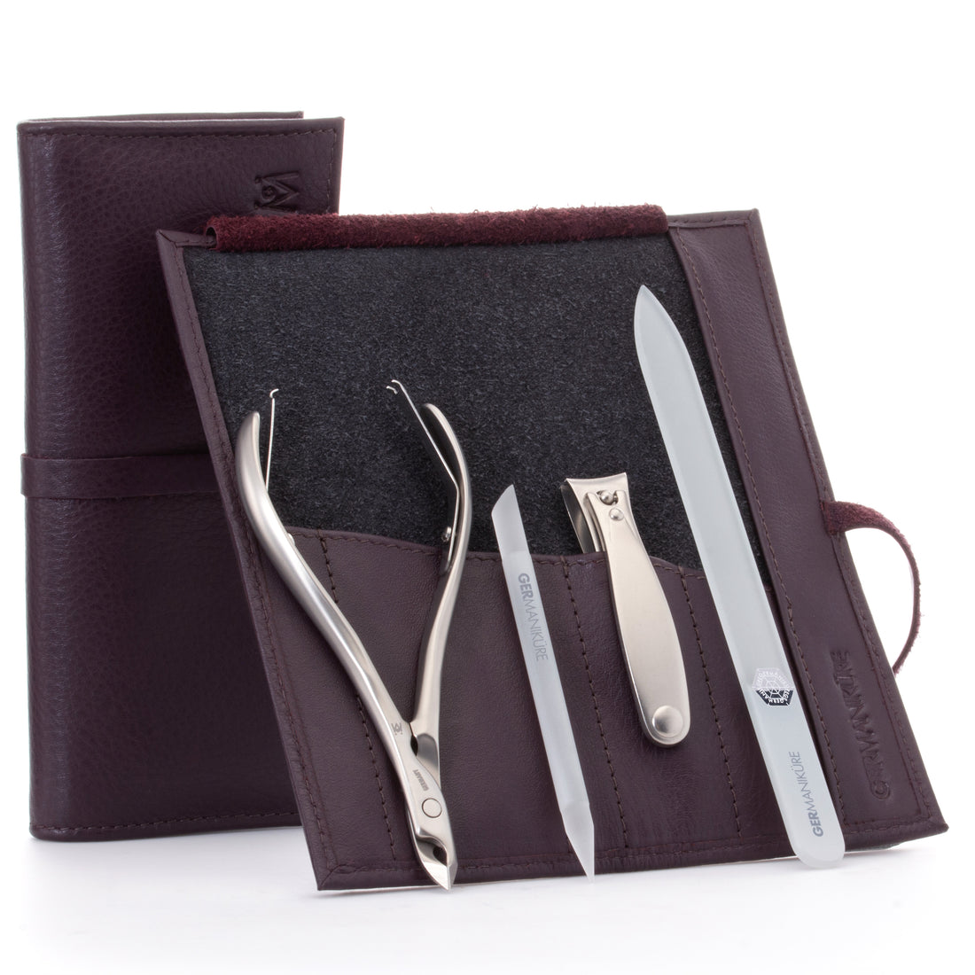 4pc Manicure Set Roll: Fingernail Clipper, Cuticle Nipper, Glass Nail File, and Glass Stick