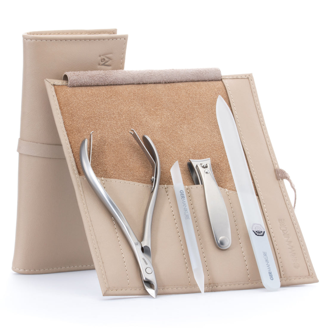 4pc Manicure Set Roll: Fingernail Clipper, Cuticle Nipper, Glass Nail File, and Glass Stick