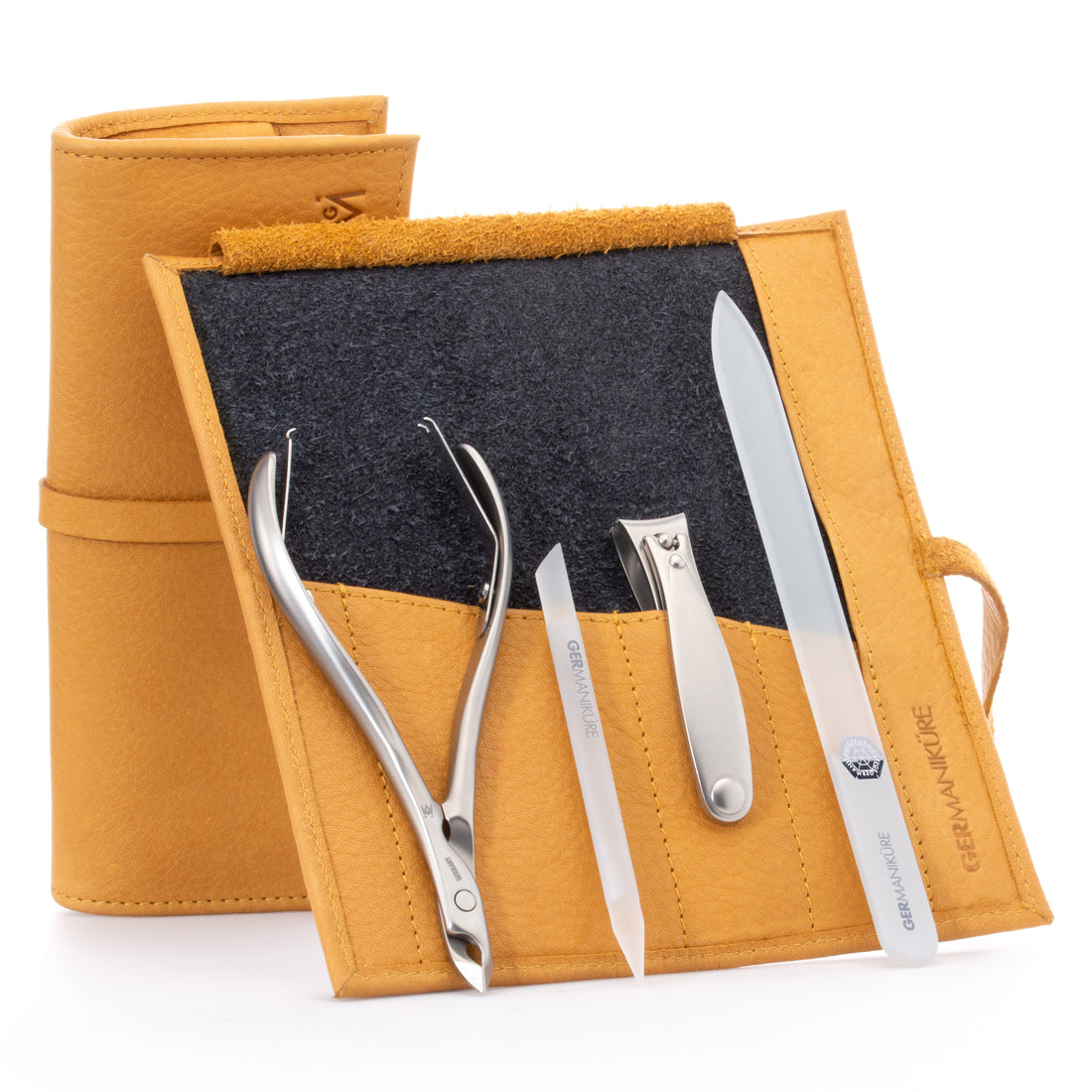 4pc Manicure Set Roll: Fingernail Clipper, Cuticle Nipper, Glass Nail File, and Glass Stick