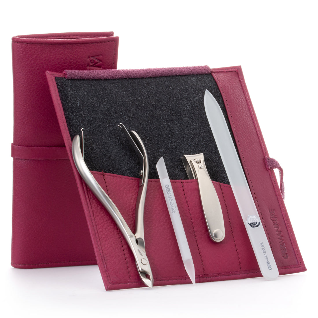 4pc Manicure Set Roll: Fingernail Clipper, Cuticle Nipper, Glass Nail File, and Glass Stick