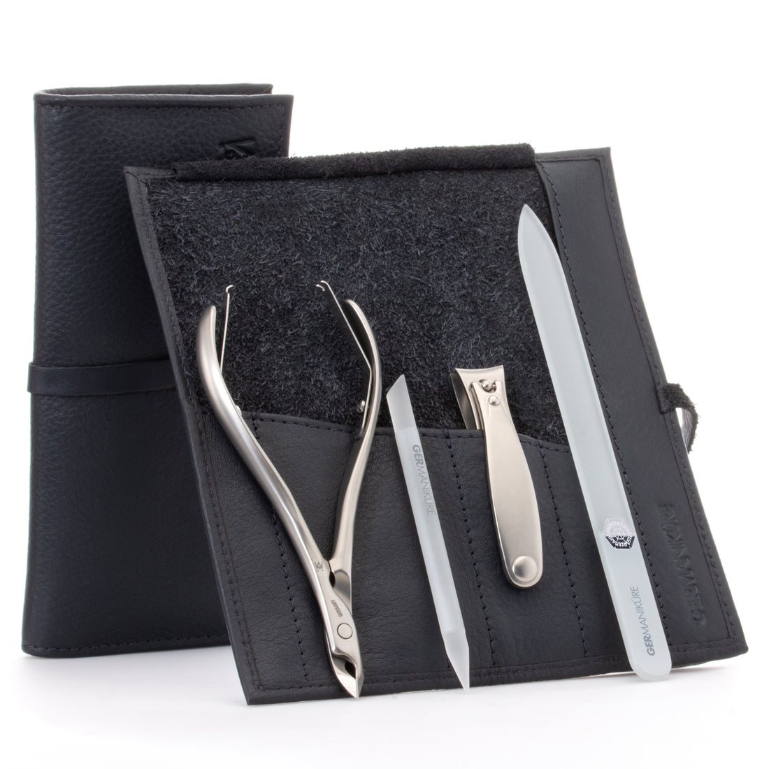 4pc Manicure Set Roll: Fingernail Clipper, Cuticle Nipper, Glass Nail File, and Glass Stick