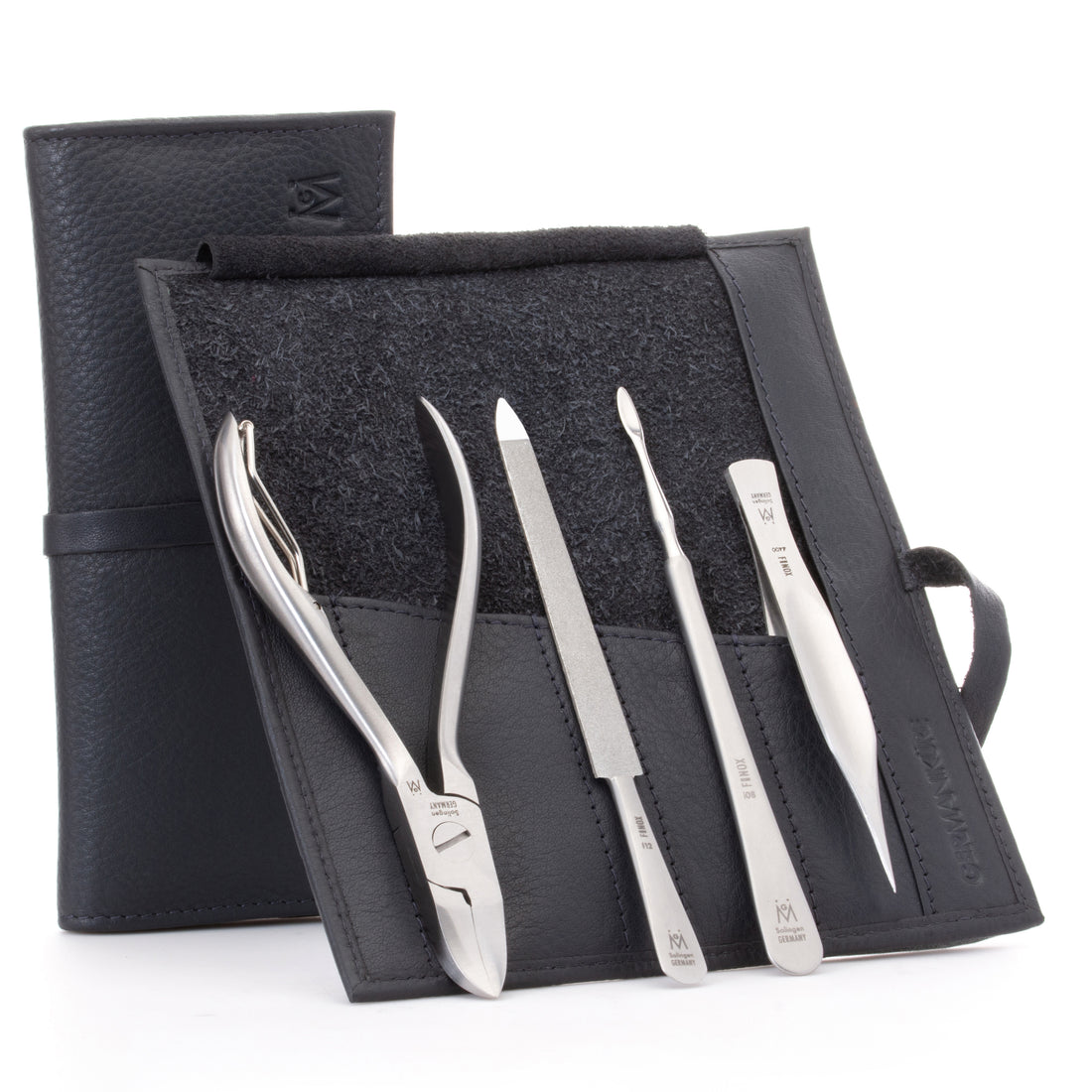 4 Piece Pedicure Set: Nail Nipper, Pointed Splinter Tweezer, Sapphire File, and Nail Cleaner