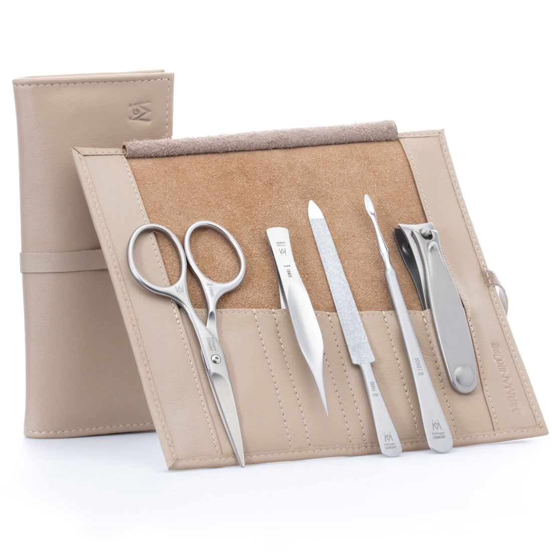 5 Piece Manicure Set: Mustache Scissors, Nail Clipper, Pointed Splinter Tweezer, Sapphire File, and Nail Cleaner