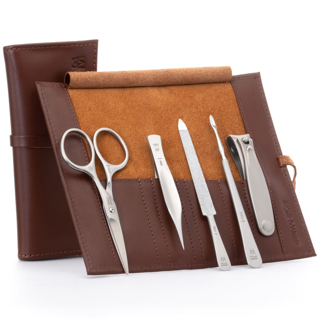 5 Piece Manicure Set: Mustache Scissors, Nail Clipper, Pointed Splinter Tweezer, Sapphire File, and Nail Cleaner