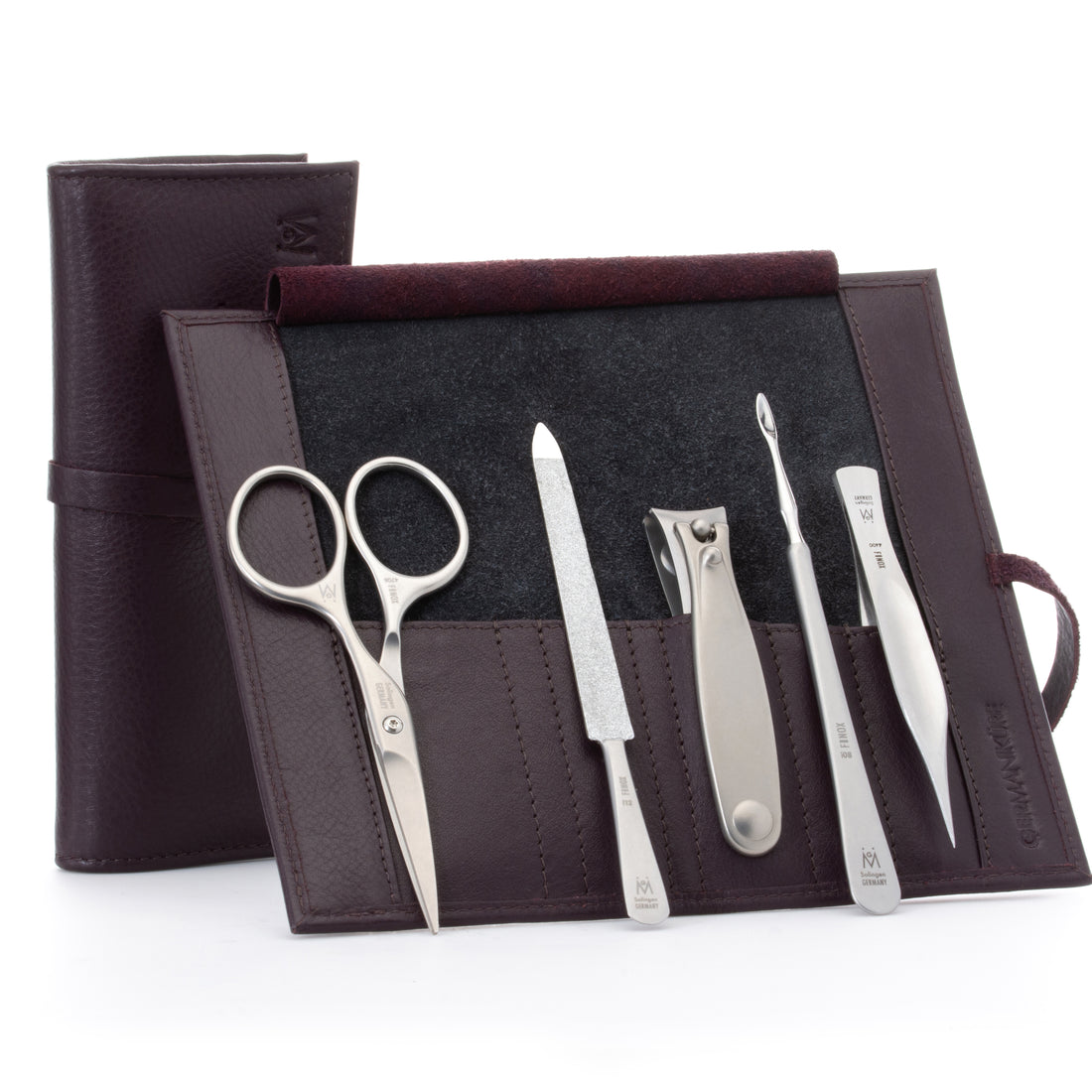 5 Piece Manicure Set: Mustache Scissors, Nail Clipper, Pointed Splinter Tweezer, Sapphire File, and Nail Cleaner