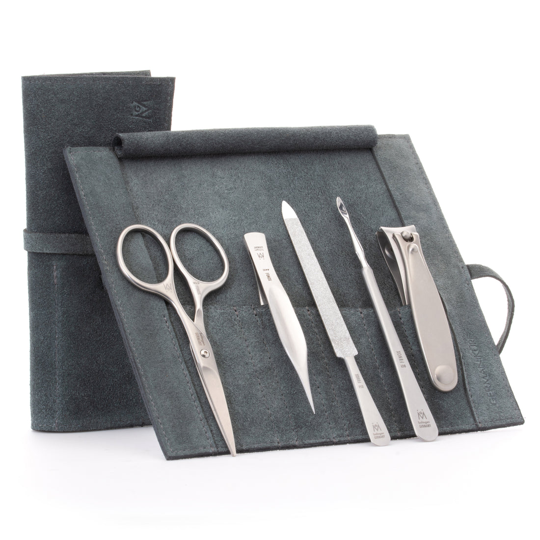 5 Piece Manicure Set: Mustache Scissors, Nail Clipper, Pointed Splinter Tweezer, Sapphire File, and Nail Cleaner