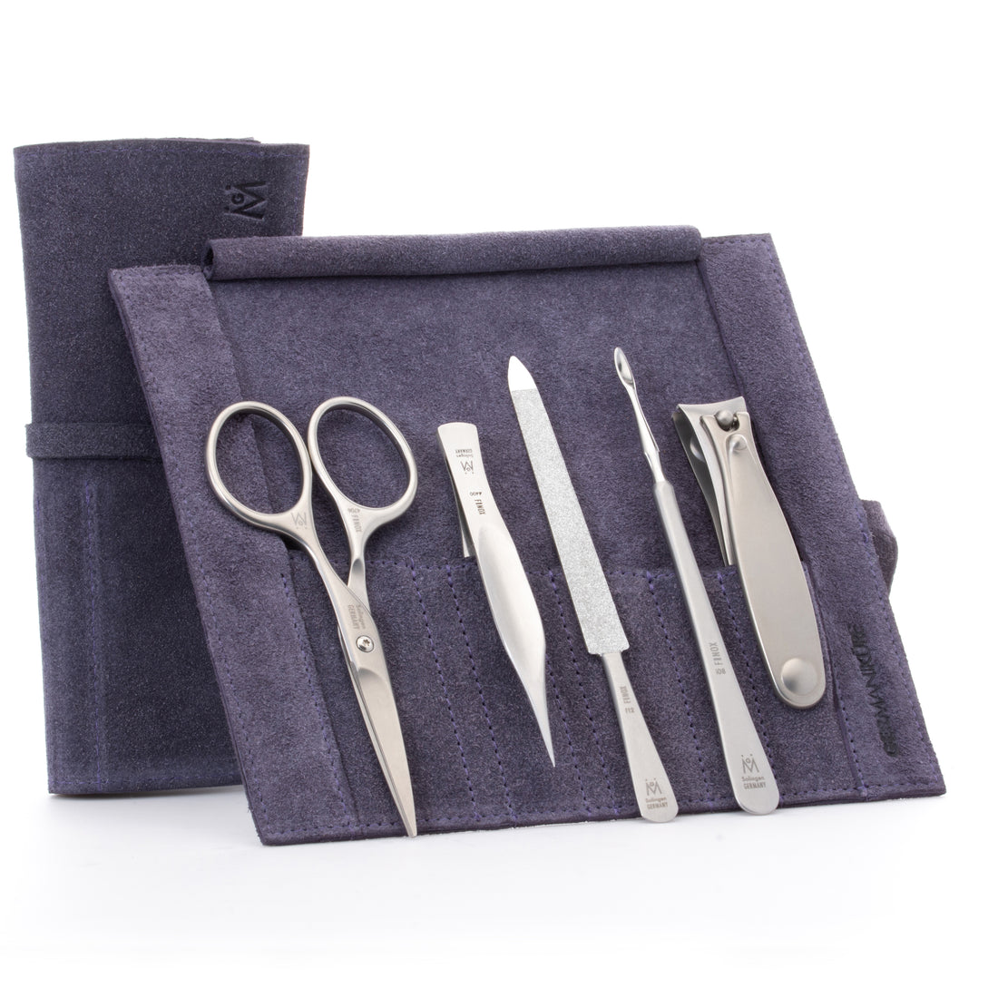 5 Piece Manicure Set: Mustache Scissors, Nail Clipper, Pointed Splinter Tweezer, Sapphire File, and Nail Cleaner