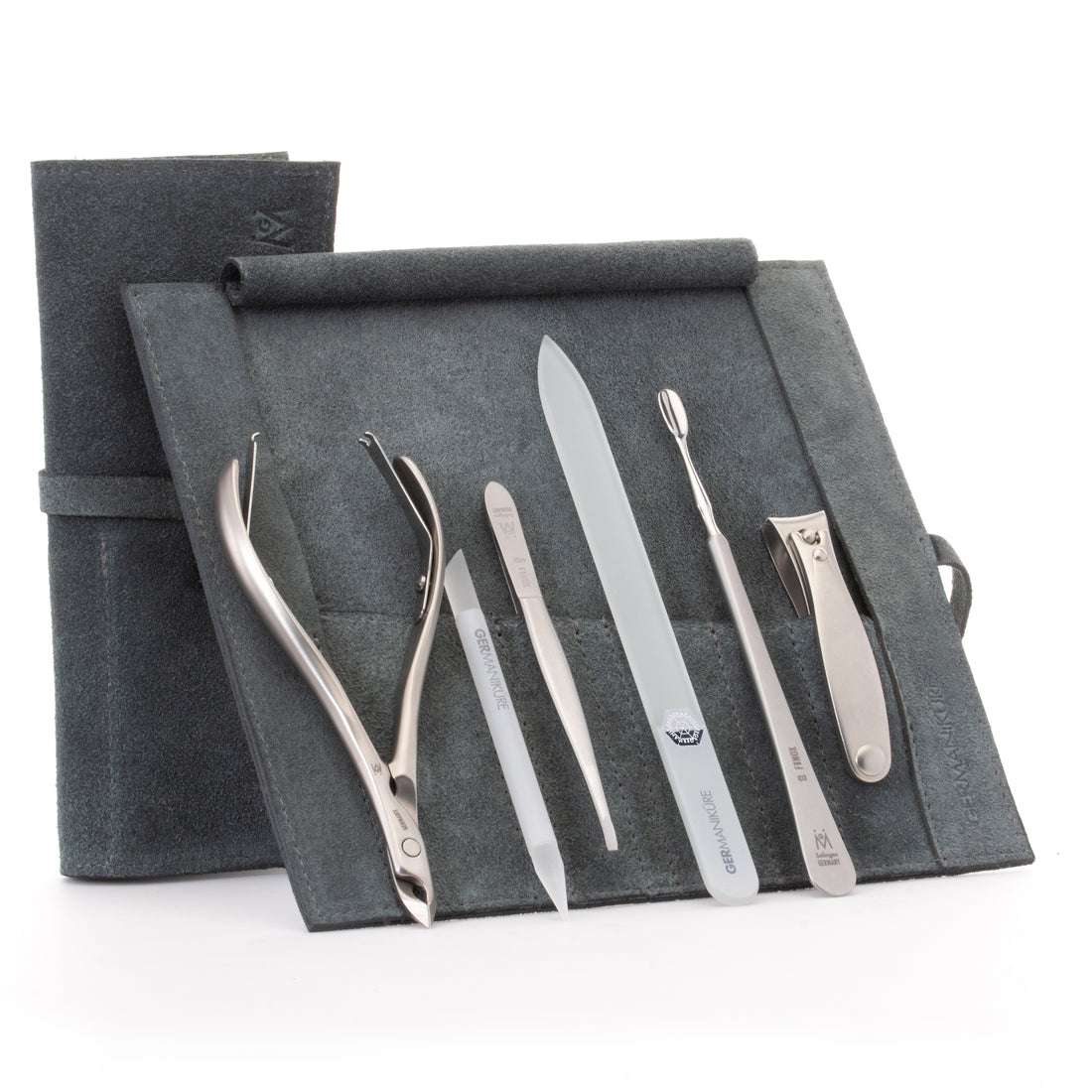 6pc Manicure Set Roll: Cuticle Nippers, Slanted Tweezers, Cuticle Pusher, Fingernail Clipper, Glass File and Stick