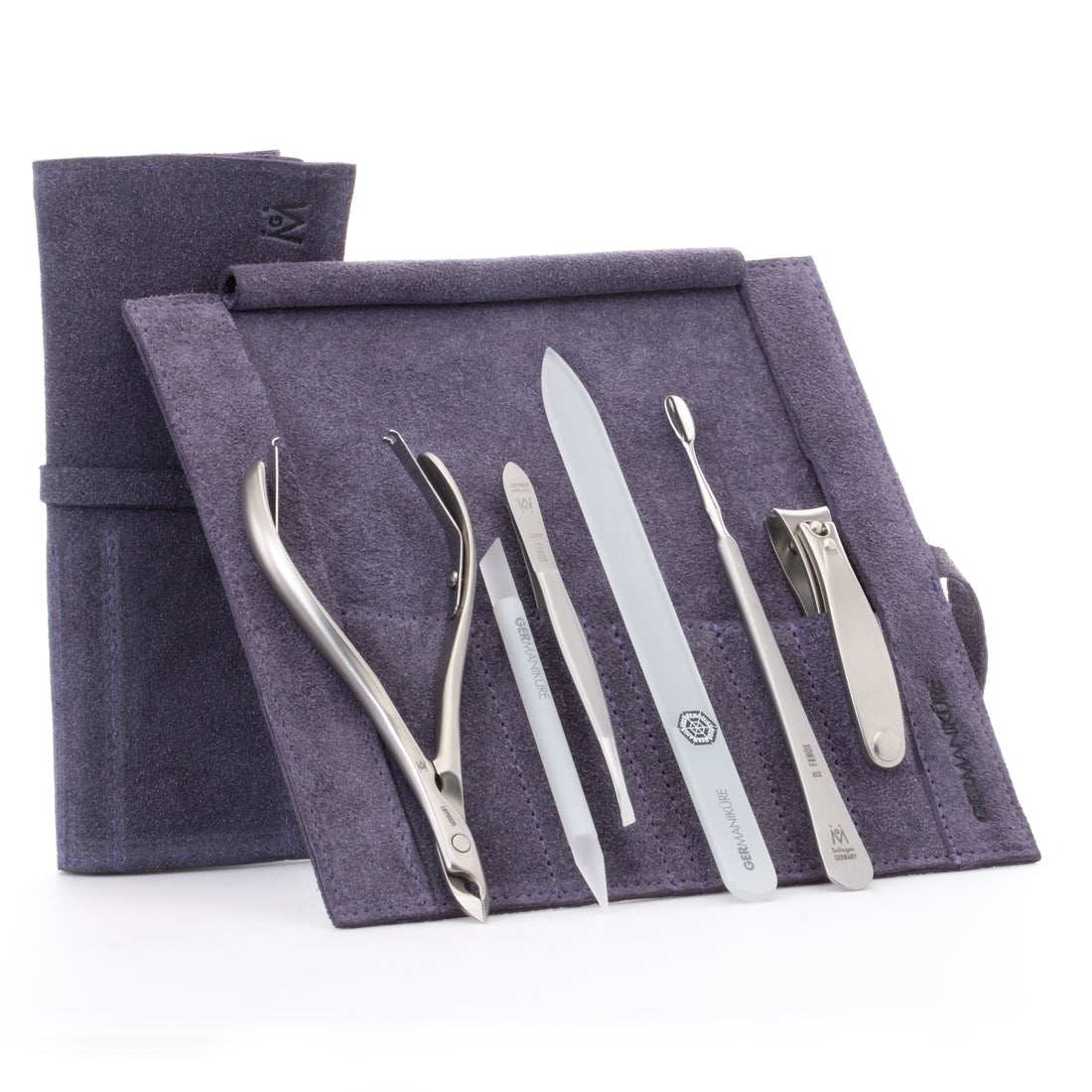 6pc Manicure Set Roll: Cuticle Nippers, Slanted Tweezers, Cuticle Pusher, Fingernail Clipper, Glass File and Stick