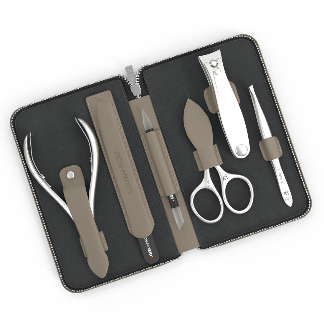 6 Piece Manicure Set in Zipper Case: Clipper, Combination Scissors, Cuticle Nipper, Glass File, Cuticle Stick, and Tweezer