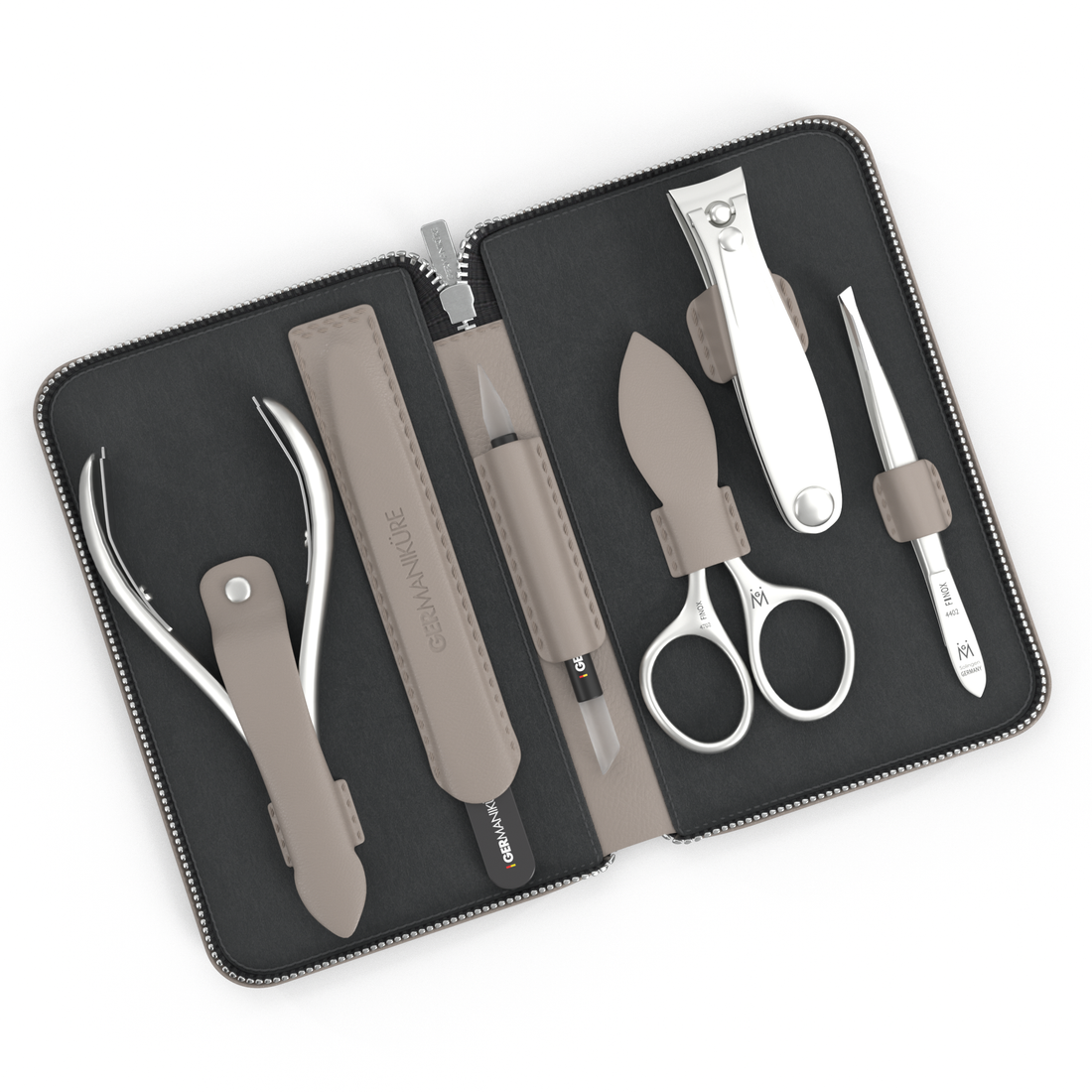 6 Piece Manicure Set in Zipper Case: Clipper, Combination Scissors, Cuticle Nipper, Glass File, Cuticle Stick, and Tweezer
