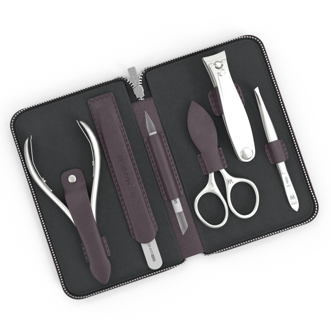 6 Piece Manicure Set in Zipper Case: Clipper, Combination Scissors, Cuticle Nipper, Glass File, Cuticle Stick, and Tweezer