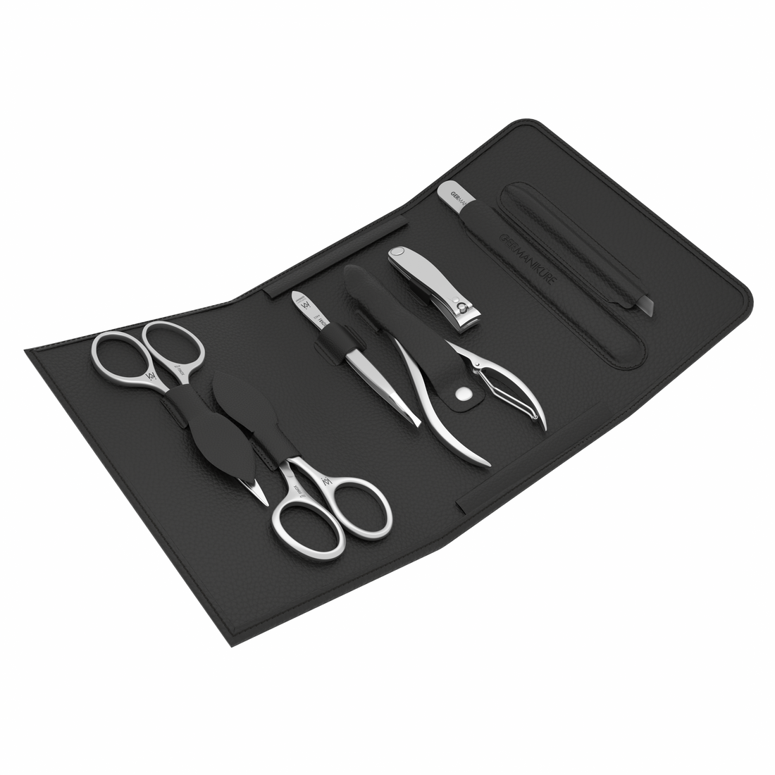 7 Piece Manicure and Grooming Set in Magnet Case: Small Clipper, Nail Nipper, Combination Scissors, Mustache Scissors, Glass File, Cuticle Stick, and Slanted Tweezer