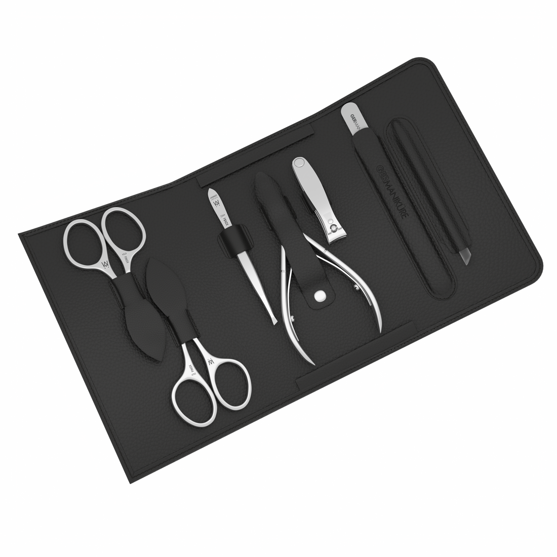 7 Piece Manicure Set in Magnet Case: Cuticle Nipper, Cuticle Scissor, Small Clipper, Nail Scissor, Glass File, Cuticle Stick, and Slanted Tweezer