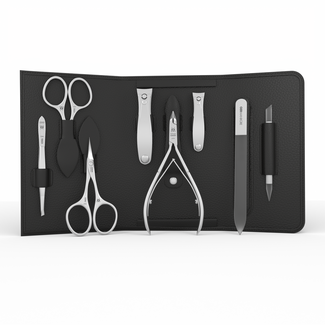 8 Piece Manicure Set in Magnet Case: Cuticle Nipper, Cuticle Scissor, Small and Large Clipper, Nail Scissor, Glass File, Cuticle Stick, and Slanted Tweezer