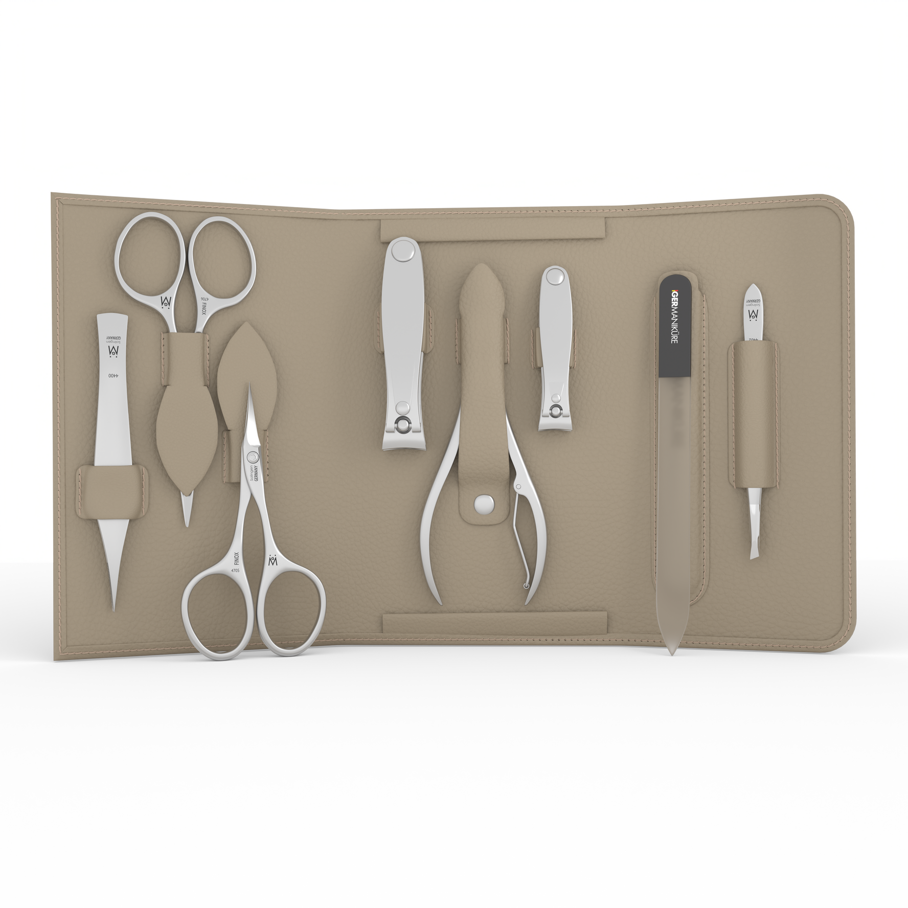 8 Piece Manicure and Grooming Set in in Magnet Case: Small and Large Clipper, Nail Nipper, Mustache Scissor, Tower Point Scissor, Travel File, Pointed Tweezer, and Slanted Tweezer.