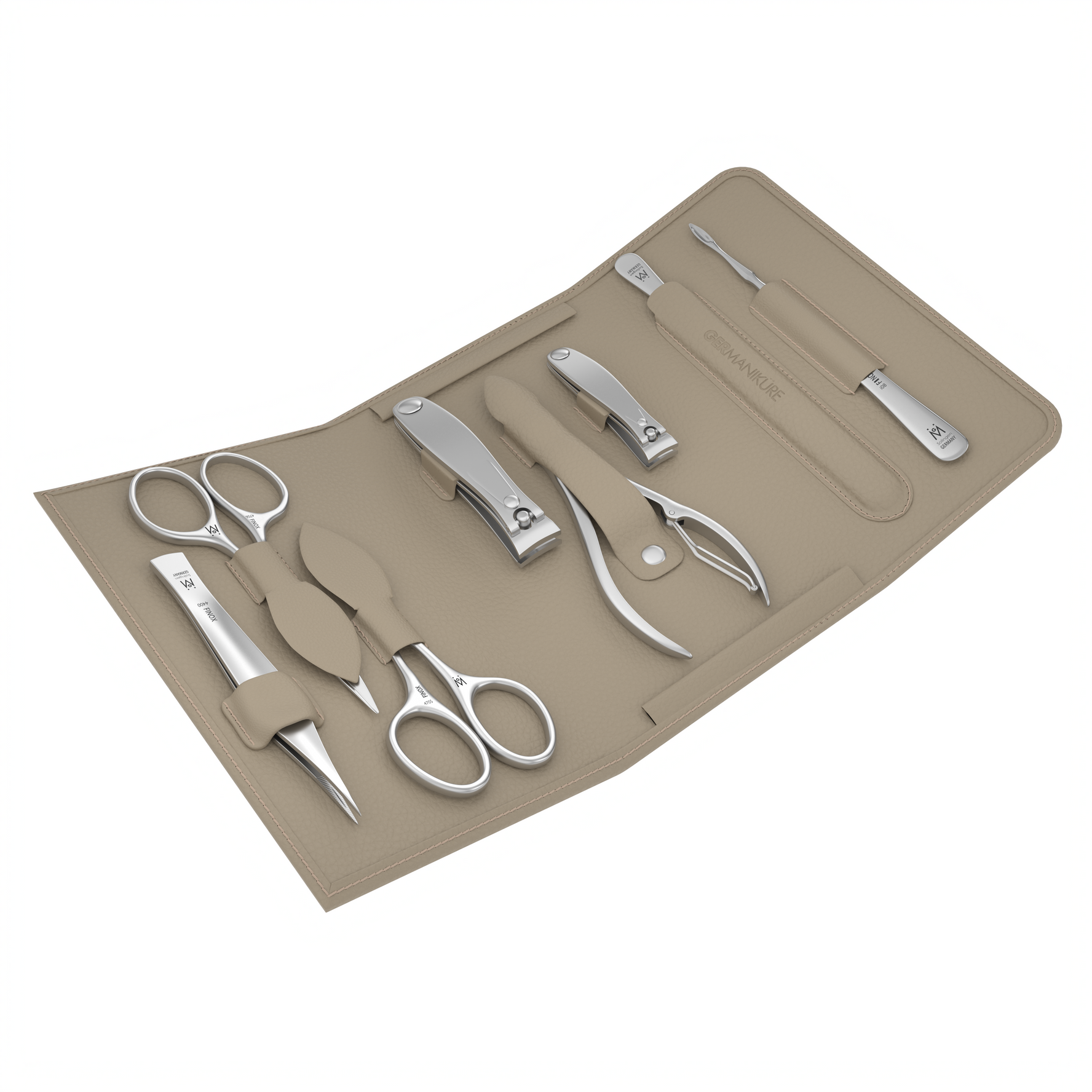 8 Piece Manicure and Grooming Set in in Magnet Case: Small and Large Clipper, Nail Nipper, Mustache Scissor, Tower Point Scissor, Nail Cleaner, Sapphire File, and Tweezer.