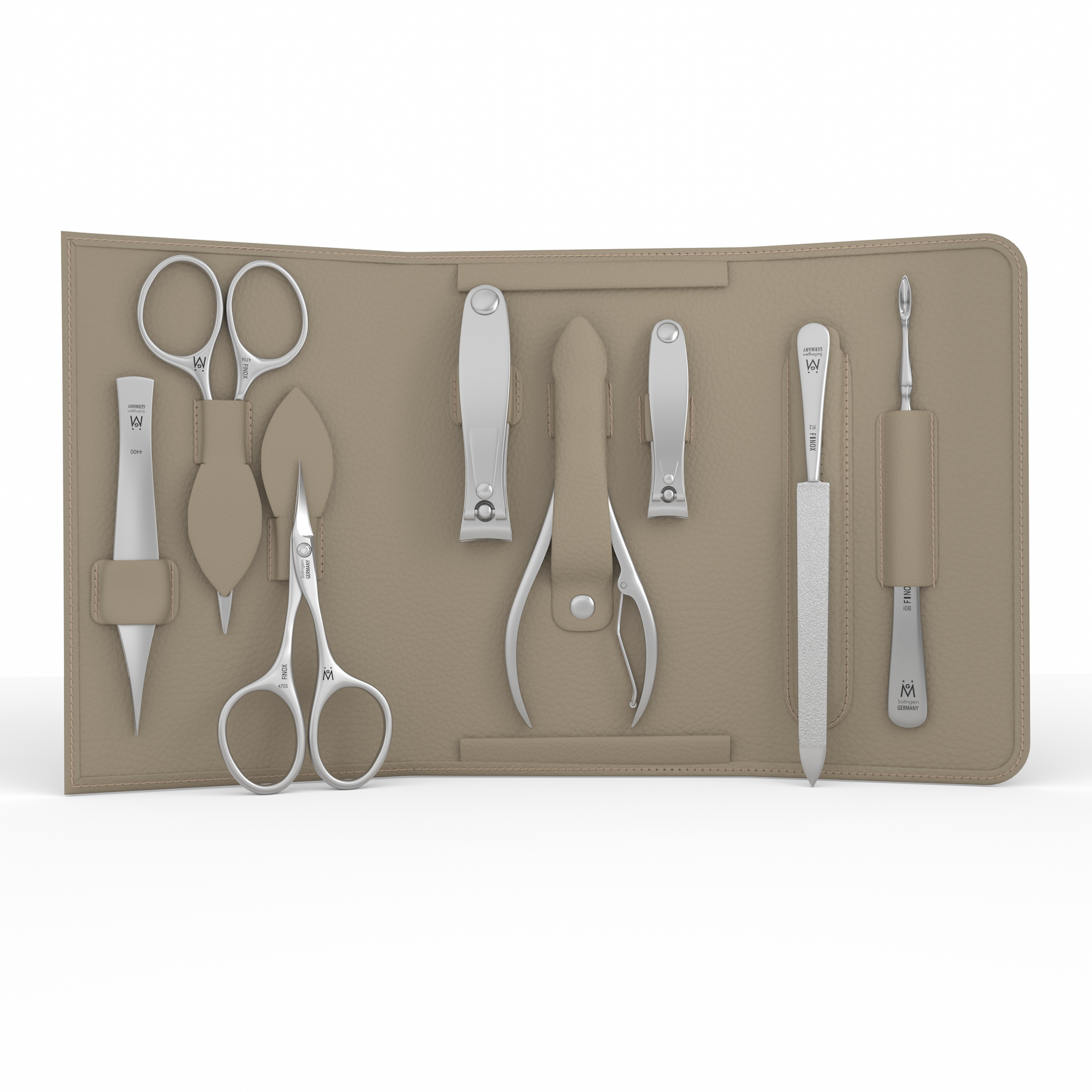 8 Piece Manicure and Grooming Set in in Magnet Case: Small and Large Clipper, Nail Nipper, Mustache Scissor, Tower Point Scissor, Nail Cleaner, Sapphire File, and Tweezer.